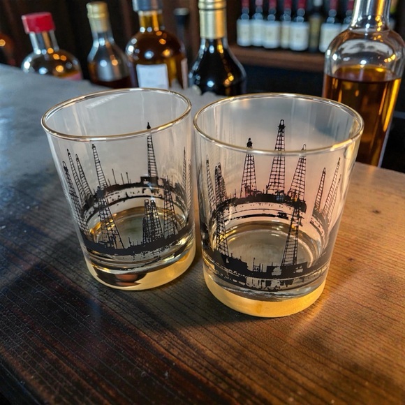 2 MCM Oil Rig Field Derrick Low Ball Cocktail Glasses Black 22K Gold Trim Lotus